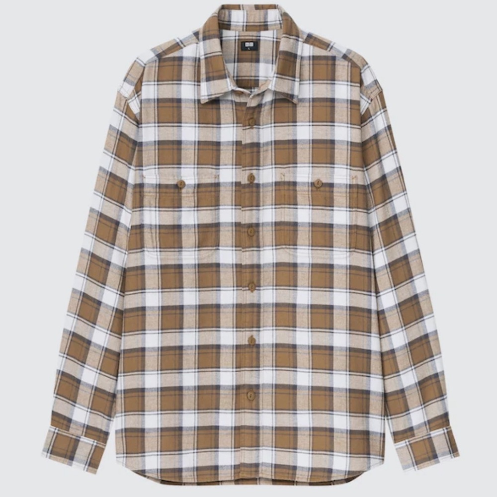 Uniqlo Men’s Tan Plaid Long Sleeve Cotton Flannel Shirt, Size XL